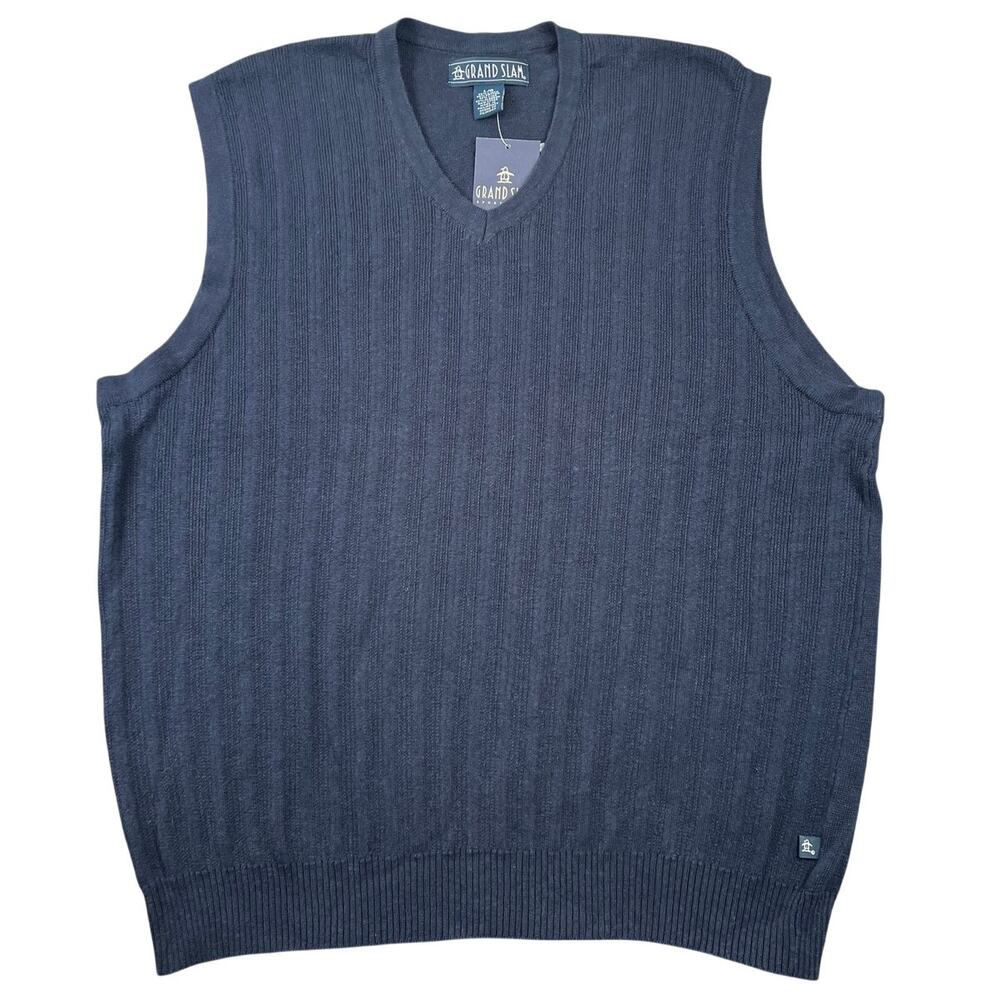 NWT Grand Slam Linen Cotton Sweater Vest Navy V Neck Golf - L